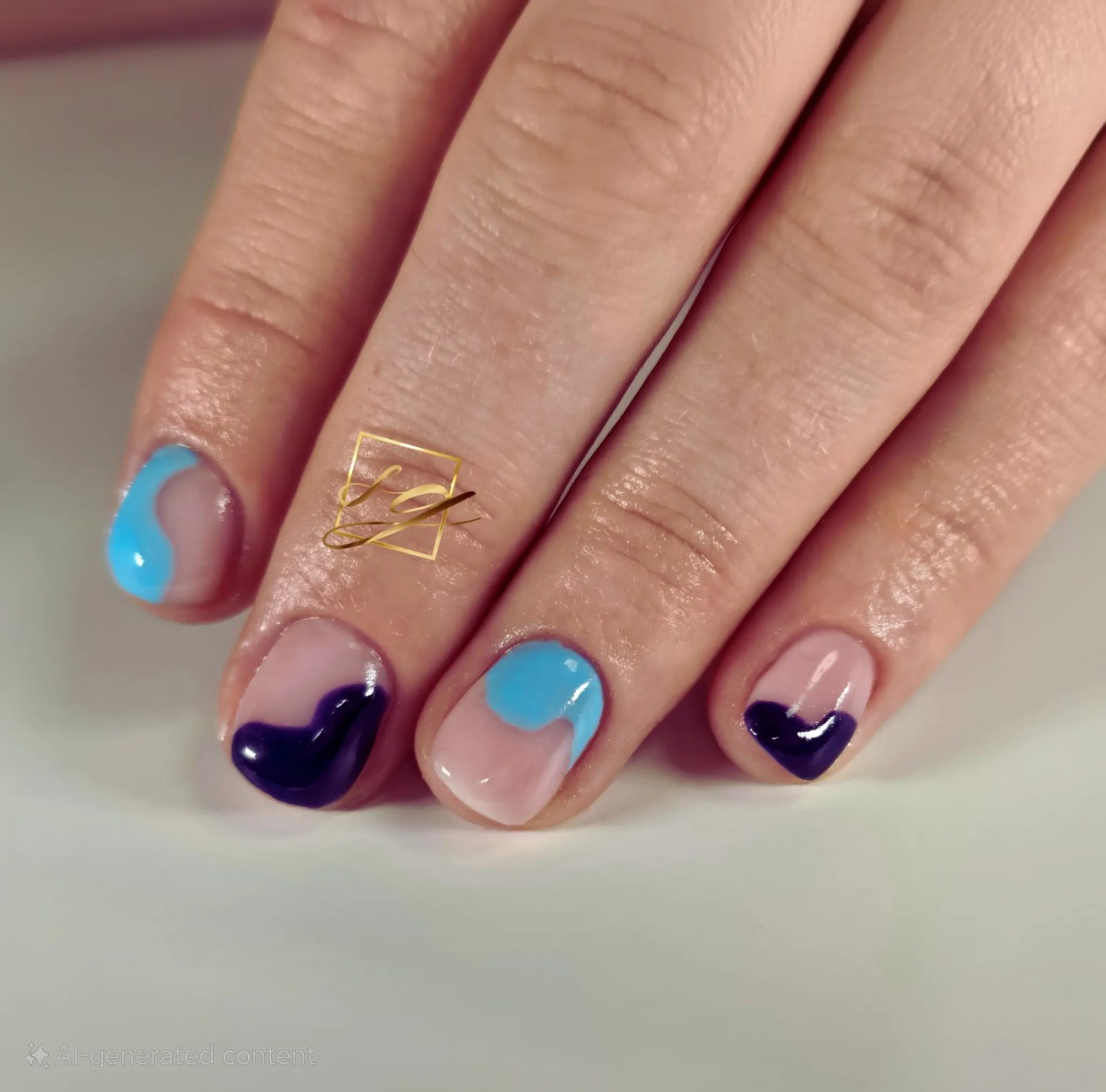 Nude nails with blue and navy heart nail art